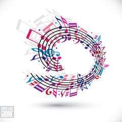Pink and violet music background with clef and notes.