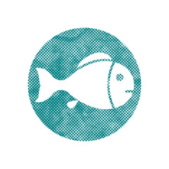 Fish symbol with pixel print halftone dots texture.