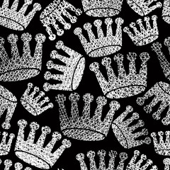 Crowns seamless pattern, repeating vector background with hand d