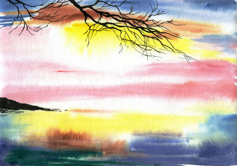 Naklejka premium watercolor painting - sunset on the lake