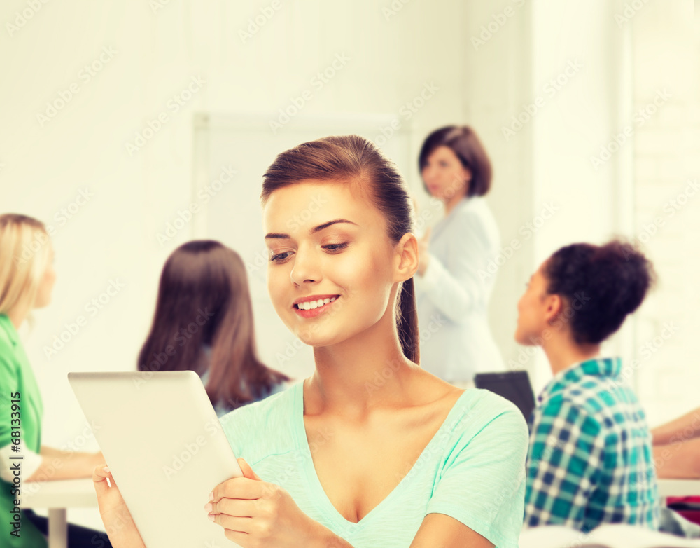 Poster student with tablet pc in college