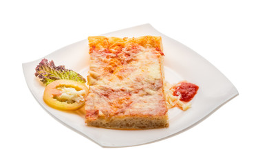 Pizza with tomato sauce and mozarella