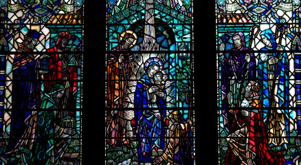 Nativity window: birth of Jesus in stained glass