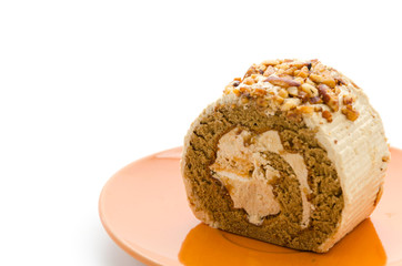 Roll coffee cake isolated on white background