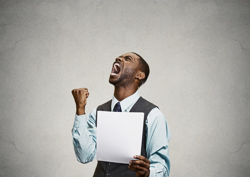 Angry customer, executive man screaming holding document, paper
