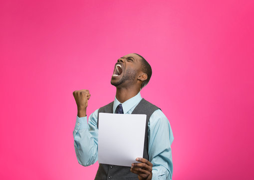Angry customer, executive man screaming holding document