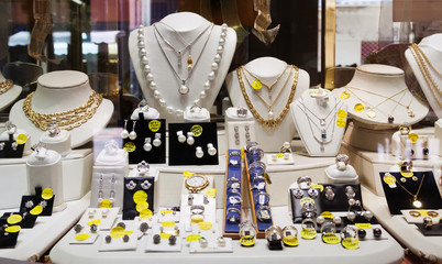   luxury golden jewelry in store window