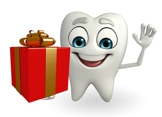 Teeth character with  gift box