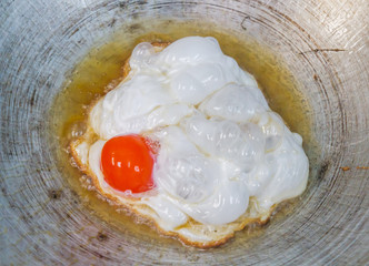 Fried egg on a pan.