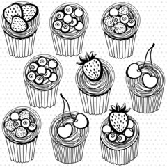 Seamless pattern with hand drawn cupcakes on a polka dot backgro