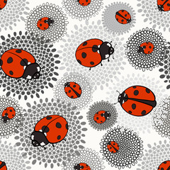 Seamless pattern with ladybugs on a monochrome floral background