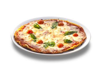 pizza with ham, tomatoes and cheese