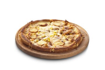 pizza with salami, cheese and corn on chalk board