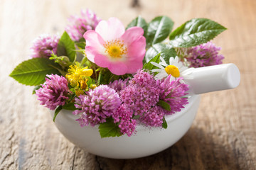 Fototapeta na wymiar colorful medical flowers and herbs in mortar
