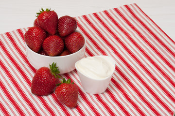 Fresh Strawberries With Sweet Cream. Natural Cotton Napkin
