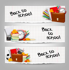 Back to school. Three banners with school supplies and autumn le