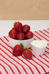 Fresh Strawberries With Sweet Cream. Natural Cotton Napkin