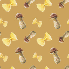 watercolor white mushrooms and spagetti pattern