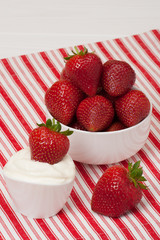 Fresh Strawberries With Sweet Cream. Natural Cotton Napkin