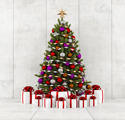 Christmas tree in a concrete room