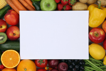 Notizblock mit Früchten, Obst und Gemüse und Copyspace