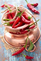 Chili peppers in a copper pot.