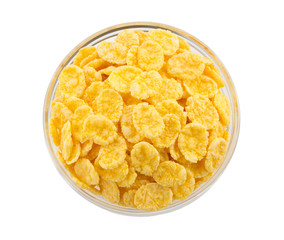 corn flakes in bowl on white
