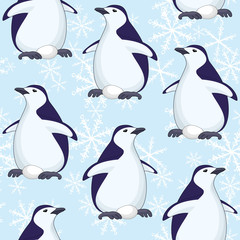 Naklejka premium Seamless pattern, penguins and snowflakes