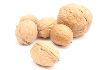 Brown and fresh walnuts on white background