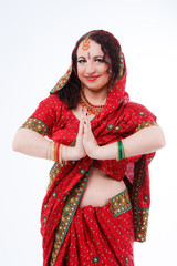 european girl in red indian saree