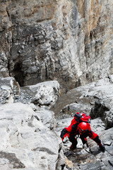 Alpinist climbing Eiger Peak, Berner Oberland, Switzerland - UNESCO Heritage