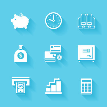 Set of white finance and money icons.