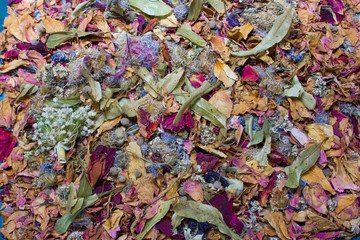 Dried flowers and leaf background.