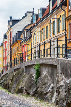 Picturesque cobblestone street in Stockholm.