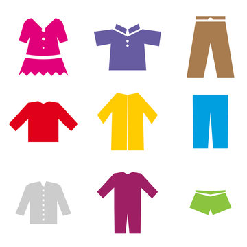 set of colorful icons of different clothes