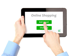 Concept for Internet shopping: hands holding tablet isolated