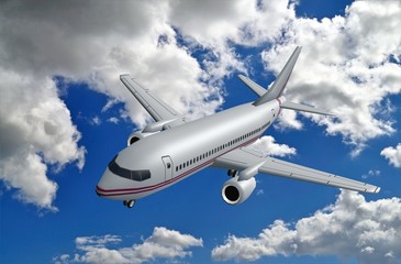 Fototapeta na wymiar 3d model of airplane in clouds