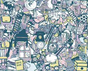 Seamless pattern with home related objects. Hand drawn vector.