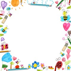 child flowers frame - scribbles drawings background isolated - 68184355