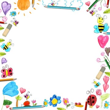 child flowers frame - scribbles drawings background isolated