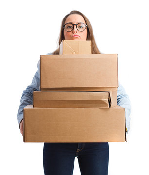 young girl holding a boxes. isolated