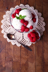 Creamy ice cream with raspberries