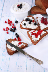 Bread with cottage cheese and berries on plate close-up