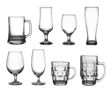 Collection of beer cup glasses isolated on white