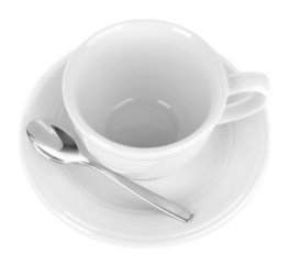 Empty cup with tea spoon isolated on white