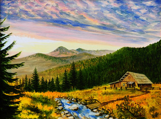 Panele Szklane Podświetlane  obraz olejny pejzaż - zachód słońca w górach, wiejski dom