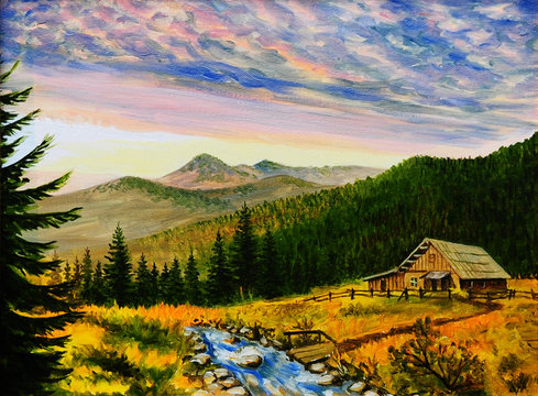 oil painting landscape - sunset  in the mountains, village house
