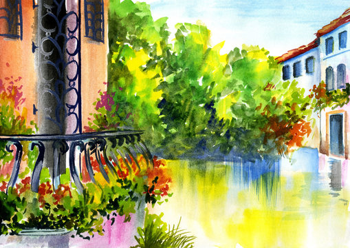 watercolor painting - flowers near the house