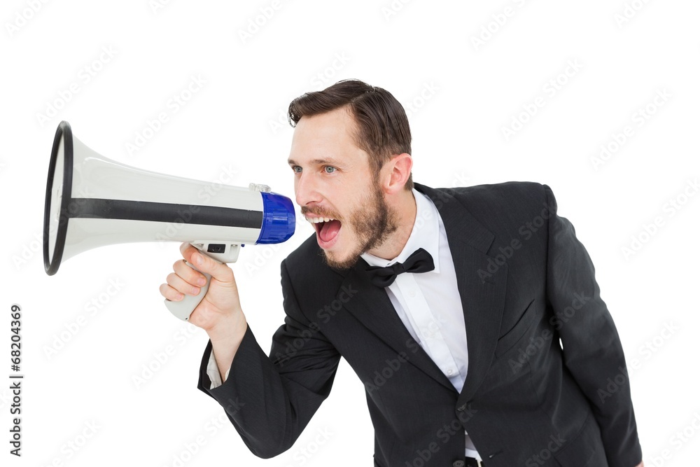 Aufkleber geeky businessman shouting through megaphone