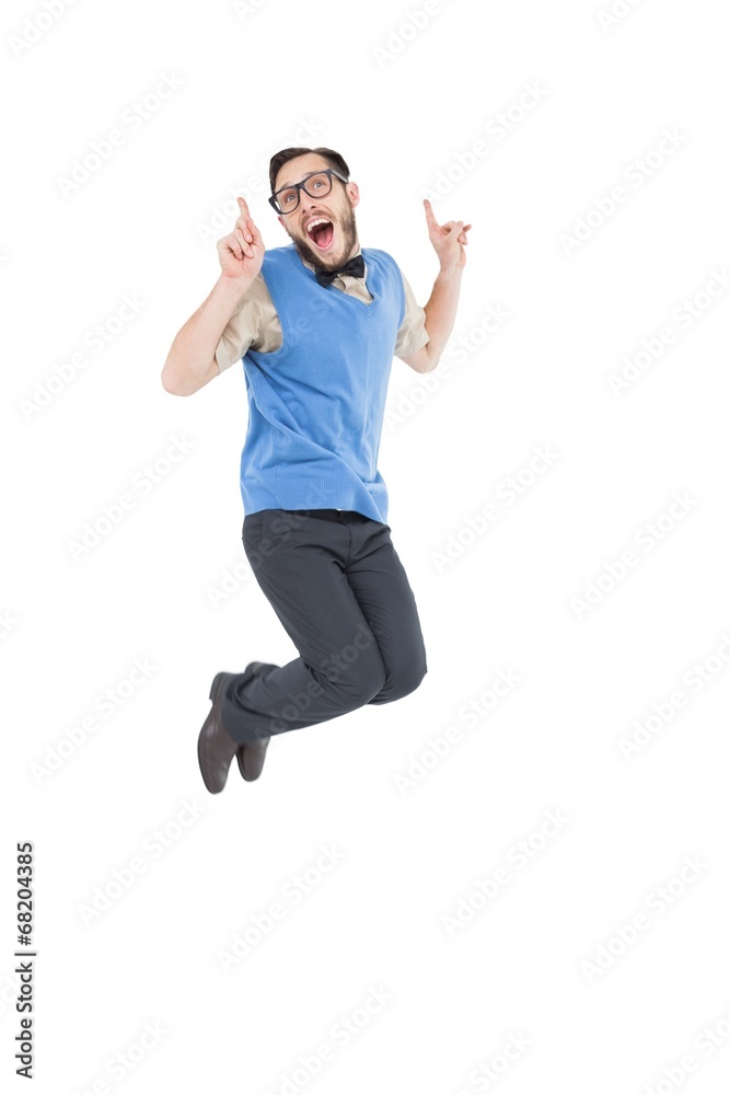 Aufkleber geeky hipster jumping and smiling